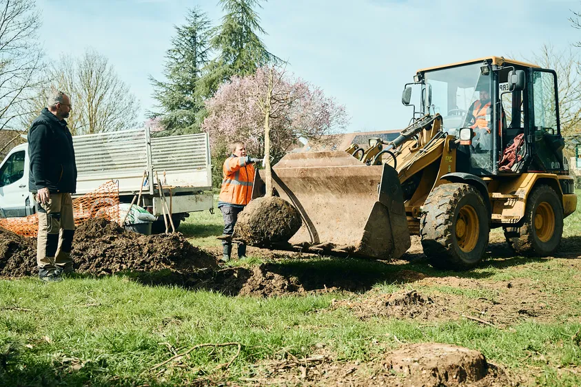 Plantation d'arbres organisée par la commune de Trilport, avec un engin des services techniques